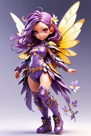 3d style, photo realistic, full body, charming adult woman fairy, look of longing, purple/yellow armor and clothers, purple wings, purple flowing hair, Japanese  num chucks white background,3d style, red and white flowers in the background, vibrant Colors, sharp image, Crisp edges,scarlett johansson,ch3ls3a