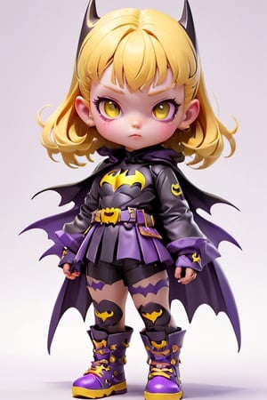 3d style, photo realistic,full body, charming child female as batman,  standing yellow hair purple, clothes purple and yellow,  purple boots, Japanese katana,  num chucks white background, vibrant Colors, sharp image, Crisp edges

