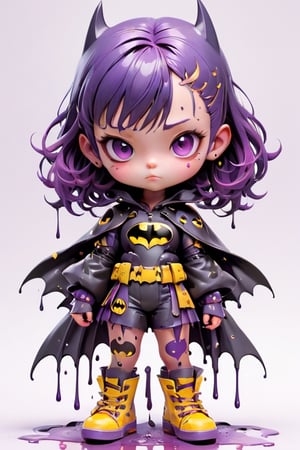 3d style, photo realistic,full body, charming child female as batman,  standing purple hair purple, clothes purple and yellow,  purple boots, Japanese katana,  num chucks white background, vibrant Colors, sharp image, Crisp edges

,dripping paint