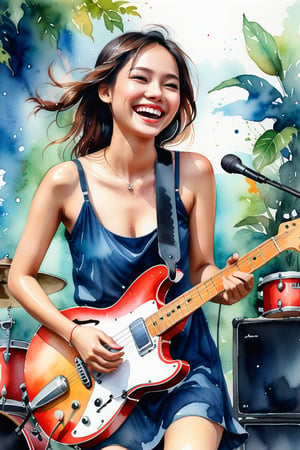 a detailed beautiful illustration, ((watercolor painting)), a beautiful saigon girl laughing with her rock band outdoor stage