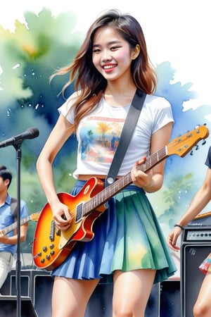 a detailed beautiful illustration, ((watercolor painting)), a beautiful Saigon girl performing with a rock band chatting and laughing with the guitarists on outdoor stage, performing, wearing colorful designer mini skirt, in the middle of the stage, in summer, high resolution, best quality, masterpiece, nostalgic atmosphere, at noon time, Magical Fantasy style,Leonardo Style