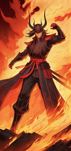 digital illustration, (masterpiece,absurdres, bestquality,),1guy, slight smile,in samurai suit,(mature:1.2),vector art, vector line art, fine details,(lineartt:1.2),(anime:0.9),burning hell,dramatic pose,LegendDarkFantasy,