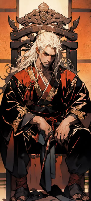 1boy,Fierce look,blad4,beard,shogun,feudal japan,seated on throne,Luminism,Symmetrical,1080P,nodf_lora,LINEART
