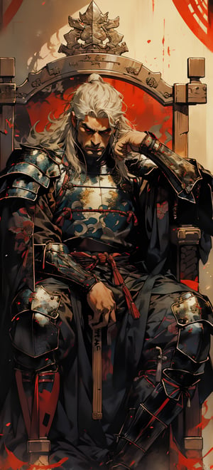 1boy,Fierce and dignified look,red eyes,long beard,shogun,feudal japan,seated on throne,Luminism,1080P,nodf_lora,LINEART, ,knight,1guy,