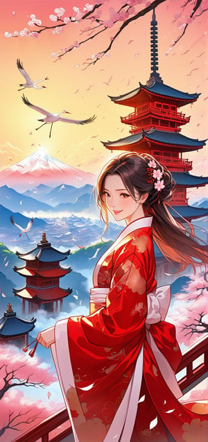 wide angle painting, scattered ink style,(masterpiece,absurdres, bestquality,),1girl, slight smile,in chinese robes embroidered with cranes,(mature:1.2),vector art, vector line art, (fine detail:1.2),(lineartt:1.2),(anime:0.9),(),falling sakura leaves,mountains and pagoda,LegendDarkFantasy,