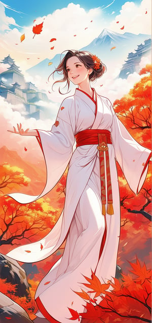 wide angle image,digital illustration, (masterpiece,absurdres, bestquality,),1girl, slight smile,in chinese robes,(mature:1.2),vector art, vector line art, (fine detail:1.2),(lineartt:1.2),(anime:0.9),(),fallingsakura leaves,mountains,LegendDarkFantasy,