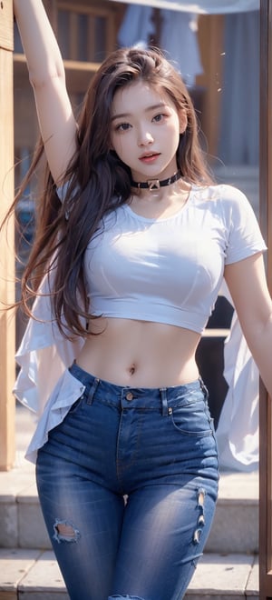 Young beauty,z1l4,SAM YANG,choker, menpo,cropped t-shirt, skinny_jeans,1 girl,photorealistic, medium_breasts,hair_past_waist, joyful,hourglass_figure, ,Sexy Pose,girl