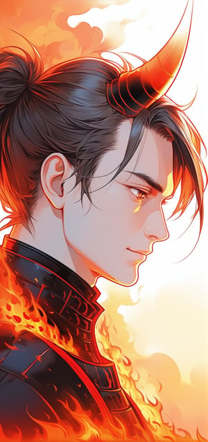 wide angle portrait,digital illustration, (masterpiece,absurdres, bestquality,),1guy, slight smile,in samurai suit,(mature:1.2),vector art, vector line art, (fine detail:1.2),(lineartt:1.2),(anime:0.9),burning hell,side profile,LegendDarkFantasy,