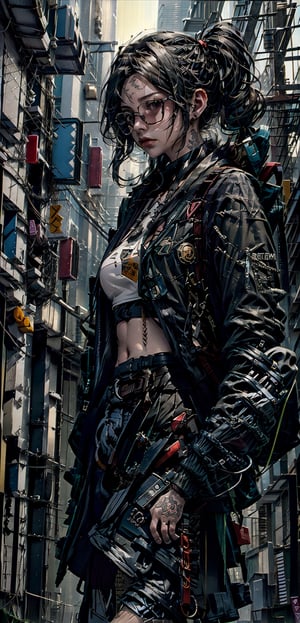 vector art, (((dreamy))), 1girl, cropped tank_top, cap, pony tail hair, sun glasses, cargo jacket, cargo pants, tattoo, cyberpunk, medium_breast, hour glass body, high_res, best quality,city side walk background, high detail,High detailed ,free style,urban techwear,weapon,JK_style