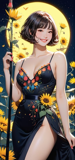 melancholic oil pastel art, 1 girl, bob_cut, gown (made of real flowers), beautiful, (petite:1.0), (curvy:1.0), (finedetails:1.2),(sexy pose:0.9), ornamented cane, aluring smile,Expressiveh,dark theme