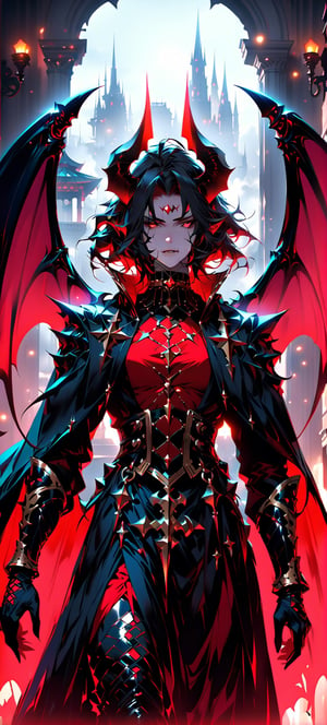 1 male, Horns, Blood red pupils,Large Bat wings, Noble clothes, extremely Detailed cg, masterpiece,best quality, High resolution, LegendDarkFantasy, white mist