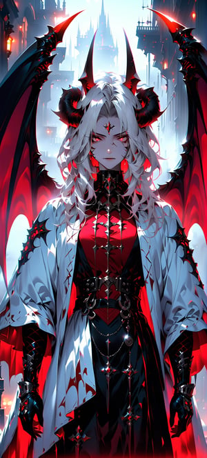 1 male, Horns, Blood red pupils,Large Bat wings, Noble clothes, extremely Detailed cg, masterpiece,best quality, High resolution, LegendDarkFantasy, white mist