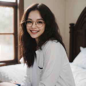 A tender moment in a cozy bedroom setting, a petite girl with messy hair, eye glasses perched on her nose, and a baggy shirt adorned with a sweet smile that lights up the space. Her facial features radiate beauty and cuteness, as if captured in a snapshot of pure joy. The soft focus and fine details bring an Extremely Realistic aesthetic to this Expressive portrait, inviting the viewer into her intimate world.