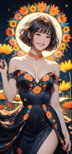 melancholic oil pastel art, 1 girl, bob_cut, gown (made of real flowers), beautiful, (petite:1.0), (curvy:1.0), (finedetails:1.2),(sexy pose:0.9), ornamented cane, aluring smile,Expressiveh,dark theme