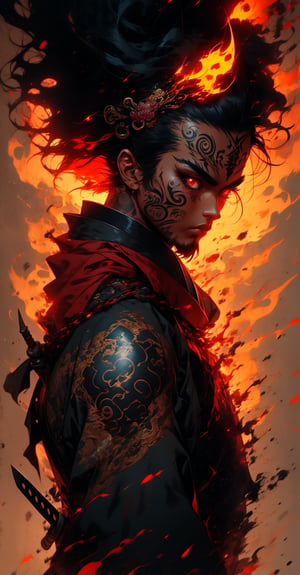 1guy,2d digital illustration, Red Pupils,Traditional japanese tattoo art,abstract cloud and flames, samurai, inkpunk, detailed, epic,, sticker, 2d cute, fantasy, dreamy, vector illustration, 2d flat, centered, by Tim Burton, professional, sleek, modern, Highly Detailed background, graphic, line art, vector graphics,Circle,xjrex,,LINEART,dragonink,r1ge