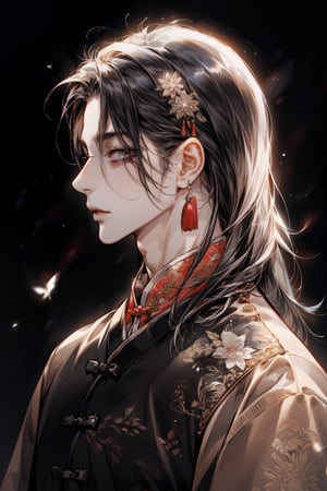 1guy, Black and white traditional chinese_clothes, mullet hair, horror(theme), chin up, looking_at_viewer , slender , side profile, mandala background