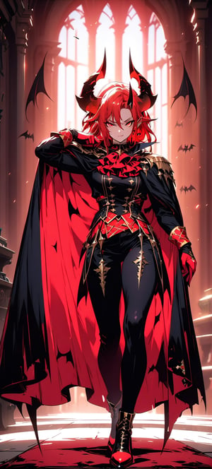1 male, Horns, Blood red pupils,Large Bat wings, Noble clothes and cape,musculine,extremely Detailed cg, masterpiece,best quality, High resolution, LegendDarkFantasy, Dynamic pose, fullbody,