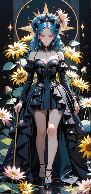 melancholic pastel art, 1 girl, gown (made of real flowers), beautiful, (petite:1.0), (curvy:1.0), (finedetails:1.2),(goth:0.9), ornamented cane,Expressiveh,dark theme,glitter,shiny