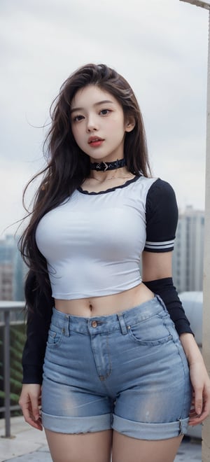 Young beauty,z1l4,SAM YANG,choker, menpo,cropped t-shirt, skinny_jeans,1 girl,photorealistic, medium_breasts,hair_past_waist, joyful,hourglass_figure, ,Sexy Pose,girl