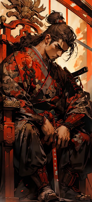 1boy,Fierce and dignified look,blad4,long beard,shogun,feudal japan,seated on throne,Luminism,1080P,nodf_lora,LINEART, 