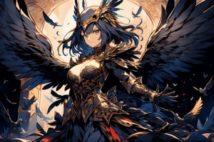 1girl, fierce look,raven head gear, intricate, black armor and feather dress, bird wings, midium breast, body, dynamic action pose, looking_at_the_viewer ,glittering flowers, complex background,weapon,1 girl,SAM YANG,High detailed ,seek,Pixel art,portrait,illustration,fcloseup,nodf_lora
