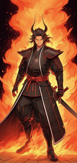 digital illustration, (masterpiece,absurdres, bestquality,),1guy, slight smile,in samurai suit,(mature:1.2),vector art, vector line art, (fine detail:1.2),(lineartt:1.2),(anime:0.9),burning hell,dramatic pose,LegendDarkFantasy,