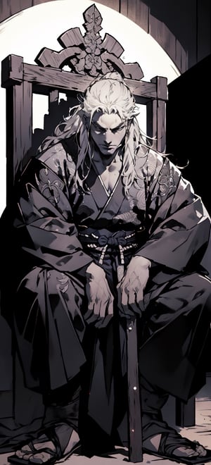 1boy,Fierce and dignified look,blad4,long beard,shogun,feudal japan,seated on throne,Luminism,1080P,nodf_lora,LINEART, MONOCHROME