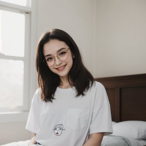 A tender moment in a cozy bedroom setting, a petite girl with messy hair, eye glasses perched on her nose, and a baggy shirt adorned with a sweet smile that lights up the space. Her facial features radiate beauty and cuteness, as if captured in a snapshot of pure joy. The soft focus and fine details bring an Extremely Realistic aesthetic to this Expressive portrait, inviting the viewer into her intimate world.