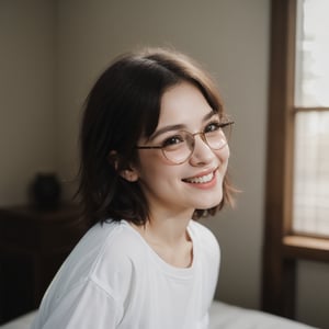 A tender moment in a cozy bedroom setting, a petite girl with messy hair, eye glasses perched on her nose, and a baggy shirt adorned with a sweet smile that lights up the space. Her facial features radiate beauty and cuteness, as if captured in a snapshot of pure joy. The soft focus and fine details bring an Extremely Realistic aesthetic to this Expressive portrait, inviting the viewer into her intimate world.