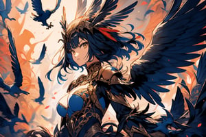 1girl, fierce look,raven head gear, intricate, black armor and feather dress, bird wings, midium breast, body, dynamic action pose, looking_at_the_viewer ,glittering flowers, complex background,weapon,1 girl,SAM YANG,High detailed ,seek,Pixel art,portrait,illustration,fcloseup,nodf_lora