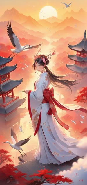 A grand, sweeping brushstroke painting captures the essence of a mystical world. A single, enigmatic girl stands amidst a sea of scattered ink, her subtle smile hinting at secrets kept. She wears exquisite Chinese robes adorned with majestic cranes, their intricate embroidery shimmering in the soft, golden light. The air is crisp, with falling sakura leaves gently drifting down like nature's confetti. In the distance, misty mountains and a serene pagoda rise, shrouded in an aura of LegendDarkFantasy.