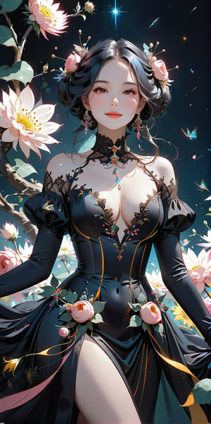 melancholic pastel art, 1 girl, gown (made of real flowers), beautiful, (mature:1.0), (curvy:1.0), (finedetails:1.2),(goth:0.9), ornamented cane,Expressiveh,dark theme,glitter,shiny, simple smile, fractal
