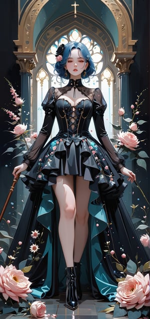 melancholic pastel art, 1 girl, gown (made of real flowers), beautiful, (petite:1.0), (curvy:1.0), (finedetails:1.2),(goth:0.9), ornamented cane,Expressiveh,dark theme,glitter,shiny