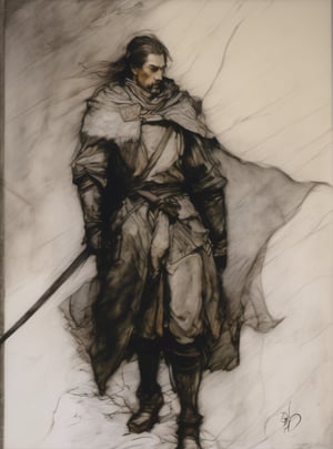 ,1male,medieval king, eternal winter,art by arthur rackham and franz kline,contour light,fine detail,atmospheric