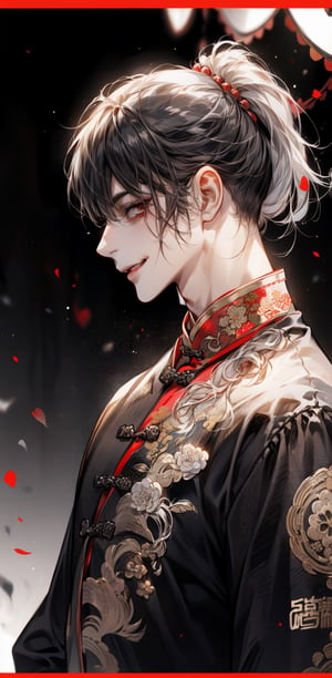 1guy, Black and white traditional chinese_clothes, mullet hair, horror(theme), chin up, looking_at_viewer , slender , side profile, evil smile, mandala effect