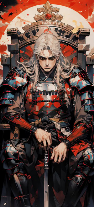 1boy,Fierce and dignified look,blad4,long beard,shogun,feudal japan,seated on throne,Luminism,1080P,nodf_lora,LINEART, ,kawaii knight,1guy
