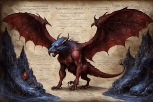 on parchment fierce behemoth winged rat-cow-falcon monster mythical in a fantasy subterranean temple deep red and indigo glow on glistening wet rock walls dark chiaroscuro fire temple,on parchment