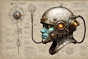 on parchment schematic concept for a thinking cap cyberpunk nerdcore technology flux capacitor glowing vacuum tube and intricate elaborate detailing piping and wiring all fashioned as a wearable helmet