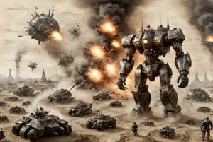 on parchment (high aerial view:1.3) mechanized sci-fi battlefield colossal imposing heavily armored massive dorsal cannons mecha machines (bi-pedal colossus:1.3) devastation  smoke explosions futuristic grand scale battlefield clash of machines bombs bombardments