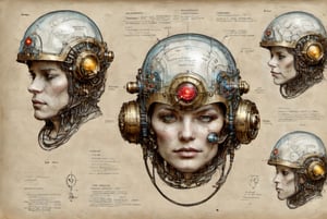 on parchment schematic concept for a thinking cap cyberpunk nerdcore technology flux capacitor glowing vacuum tube and intricate elaborate detailing piping and wiring all fashioned as a wearable helmet