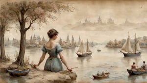 on parchment Woman from the back brushing the water with her hands In the background a river and ships subtle romantic colors