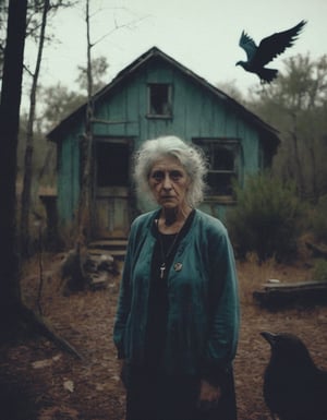 found footage grainy photograph 

closeup portrait of a beautiful old witch and her phoenix near her rundown but brightly painted cabin in a scrub forest

analog film noise