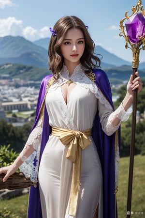 (1girl),  aqua eyes,  light smile, medium shot,  front view,  mountain top background, distant greek temple background,  cloudy day,  [sexy],  [[[cleavage]]],  standing pose,  (intricate robe,  elegant robe, sorceress robe, silk robe, violet cape,  golden filigree,  filigree detailed, hair ribbon:1.2),  (single wooden staff, staff held by hand, staff point upwards, gemstone staff:1.2), medium hair,  brown hair,  solo,  very detailed,  (masterpiece,  top quality,  best quality,  photorealistic,  high resolution),  precise depiction