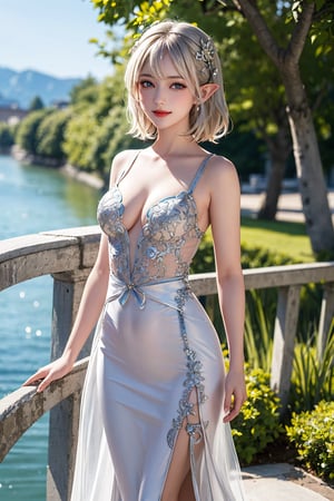 (1girl),  (elf:1.02), aqua eyes,  light smile, medium shot,  front view,  lakeside background, castle background, sunny day,  [sexy],  [[[cleavage]]],  small breast, standing pose,  (intricate gown, elegant gown, silk gown, silver filigree, filigree detailed, waist ribbon:1.2), medium hair,  hair ornament, blonde & silver hair,  solo,  very detailed,  (masterpiece,  top quality,  best quality,  photorealistic,  high resolution),  precise depiction