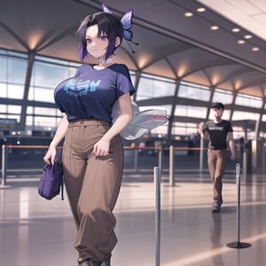 only one girl, masterpiece, sexy, 20 years old, (((huge breasts))), large breasts, better breasts, large thighs, better legs, huge hips, ((better hands)), better eyes, purpure eyes, better hair, purple hair tips, ((short hair)), black hair, better nose, (((blue t-shirt))), better t-shirt, ((((brown trousers)))), better trousers, kochou shinobu, ((((Airport background)))), detailed background, (((walking))), dynamic pose, detailed posture, detailed face, ((angry)), detailed face