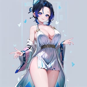 only one girl, masterpiece, 20 years old, (((huge chest))), large chest, better chest, better legs, ((better hands)), better eyes, ((purpure eyes)), better hair, purple hair tips, ((short hair)), black hair, (((white ancient greek dress))), better ancient greek dress,  kochou shinobu, ((((blue room background)))), detailed background, (((posing))), dynamic pose, detailed posture, detailed face, detailed face, (((happy)))