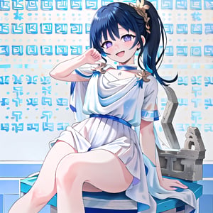 only one girl, masterpiece, aakanao, 16 years old, ((huge chest)), better chest, better legs, ((better hands)), better eyes, ((purpure eyes)), better hair, ponytail, black hair, (((white ancient greek dress))), better ancient greek dress, ((((blue room background)))), detailed background, (((posing))), dynamic pose, detailed posture, detailed face, detailed face, (((happy)))