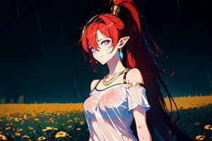 (masterpiece, best quality, highres, photorealistic:1.2), (realistic, realistic skin texture:1.2), (natural skin texture, hyperrealism, sharp:1.2), yinlindef, red hair, long hair, high ponytail hair, hair between eyes, pointy ears, hair ornament, hairband, purple eyes, glowing eyes, saggy breast, deep neckline, (white t-shirt, tight black panties, wet clothes, see through:1.1), earrings, fine gold necklaces, fine gold anklet, bare shoulders, bare belly, bare legs, blur background, deep of field, midnight, rain drop, surface of water, rgbcolor, watercolor, emotionless look, winking smile, standing in front of you