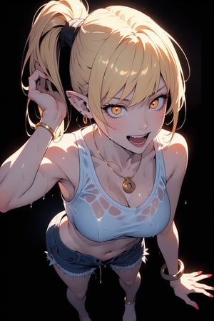 (masterpiece, best quality, highres, photorealistic:1.2), (realistic, realistic skin texture:1.2), (natural skin texture, hyperrealism, sharp), ccshinobu, aged up, glowing eyes, side ponytail, blonde hair, pointy ears, saggy breast, deep neckline, (white t-shirt, tight jean shorts, wet clothes:1.1), piercing earrings, obsidian necklace, fine gold/silver bracelet, fine gold/silver anklet, bare shoulders, bare belly, bare legs, bare feet, ((black background, face and body partially shrouded in darkness, face and body emerge from the darkness, face and body partially hidden by darkness, face and body partially illuminated by light)), blacklight, no light, Crazy face, madness, grin, closed teeth, open mouth, (move a lock of hair with your fingers behind your ear, hand up in the hair), standing, from the top, dynamic angle, camera distorsion