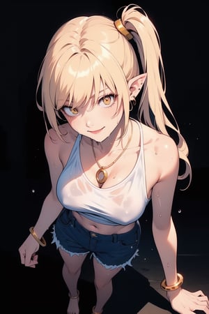 (masterpiece, best quality, highres, photorealistic:1.2), (realistic, realistic skin texture:1.2), (natural skin texture, hyperrealism, soft light, sharp), ccshinobu, aged up, glowing eyes, side ponytail, blonde hair, pointy ears, saggy breast, deep neckline, (white t-shirt, tight jean shorts, wet clothes:1.1), piercing earrings, obsidian necklace, fine gold/silver bracelet, fine gold/silver anklet, bare shoulders, bare belly, bare legs, bare feet, ((black background, emerges from the darkness, face and body partially hidden by darkness)), blacklight, no light, Crazy face, madness, smile, (she pushes hair behind ear with fingers, hand up in the hair), standing, from the top, dynamic angle, camera distorsion